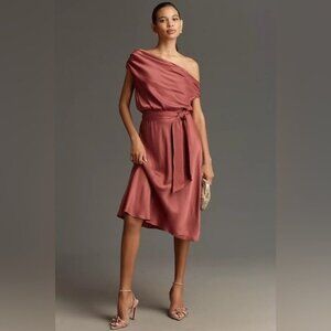 NWT Size XS - Maeve Asymmetrical Tie-Waist Satin Midi Dress (NWT US$178)